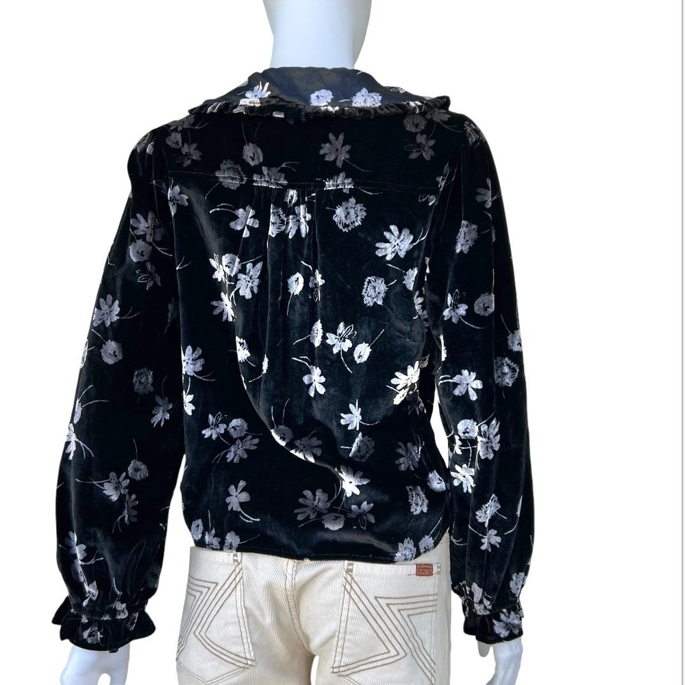 Pilcro Anthropologie Keira Velvet Burnout Blouse Black Witchy Peter Pan Collar M - Picture 6 of 17